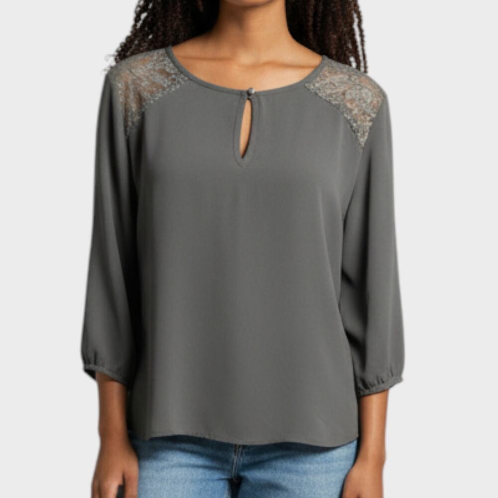 Everly Womens Small Polyester Gray 3/4 Sleeve Blouse